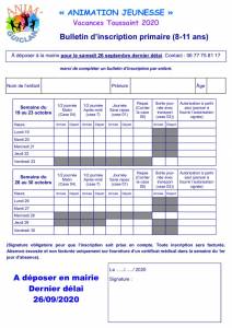 thumbnail of 20200907 BULLETIN INSCRIPTIONS VACANCES TOUSSAINT PRIMAIRE