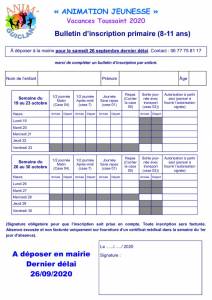 thumbnail of 20200907 BULLETIN INSCRIPTIONS VACANCES TOUSSAINT PRIMAIRE