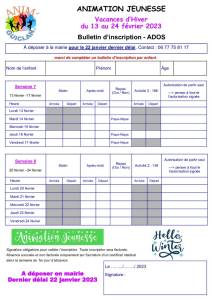 thumbnail of Bulletin Inscription Ados Hiver 2023