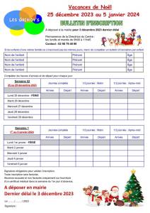 thumbnail of Bulletin inscription CLSH Vacances Noël 2023