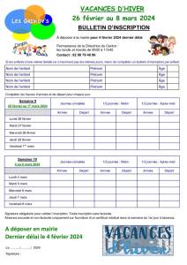 thumbnail of Bulletin inscription CLSH Vacances Hiver 2024