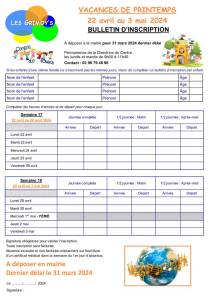 thumbnail of Bulletin inscription CLSH Vacances Printemps 2024