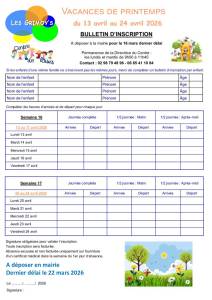 thumbnail of Bulletin inscription CLSH Vacances Printemps 2026