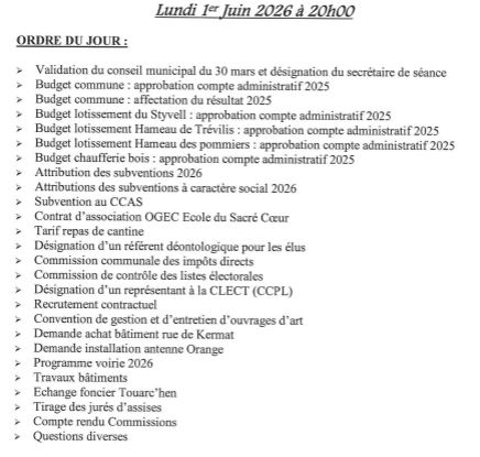 Ordre du jour réunion du 1er juin 2026